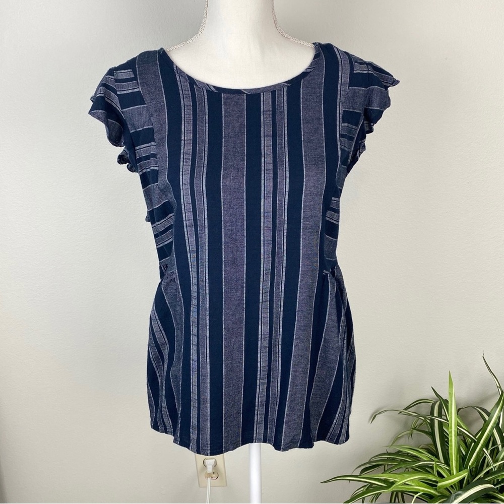 Fred David, Plus Size 2X Blouse Ruffle Sleeve Striped Navy Blue Gray EUC